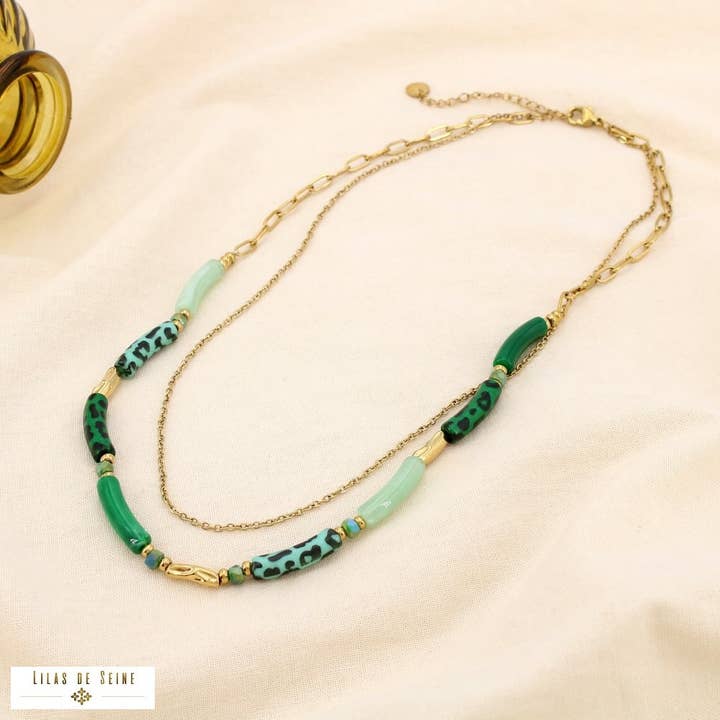 Double row leopard necklace in steel, resin, crystal 0125551 for wholesale by Lilas de Seine