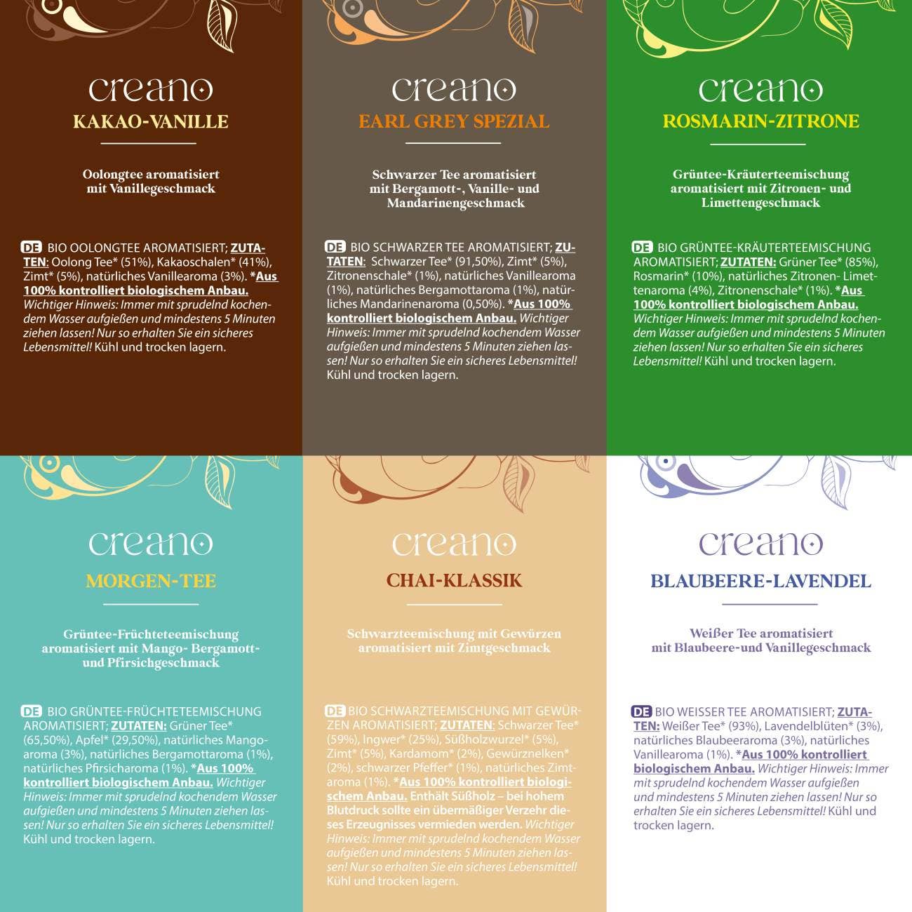 Creano - Vendita all'ingrosso Tè sfusi - Miscela di tè biologico set regalo da 24 pezzi 6 tipi - 48g3