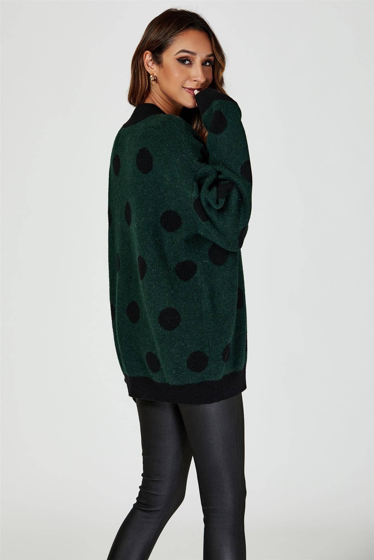 Wool Blended V Neck Jumper In Green & Black Polka Dot for wholesale on Faire1