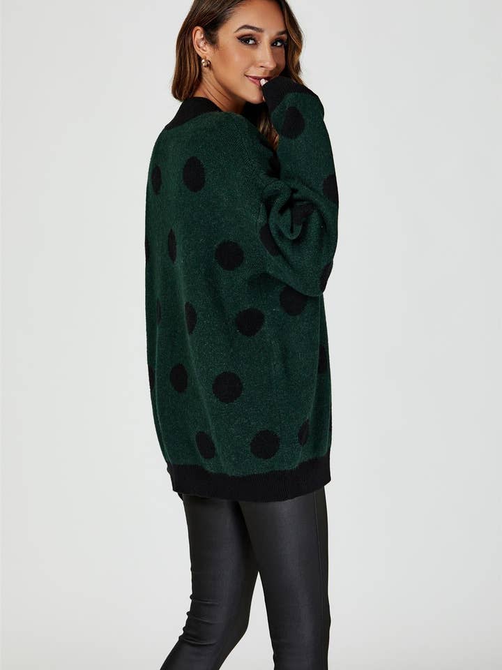 Wool Blended V Neck Jumper In Green & Black Polka Dot for wholesale on Faire1