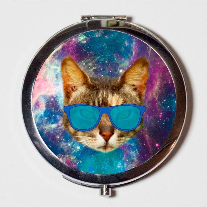 FringePop - Wholesale Compact Mirror - Outerspace Cat Compact Mirror - Universe Animal Pop Art Eye Glasses - Make Up Pocket Mirror for Cosmetics