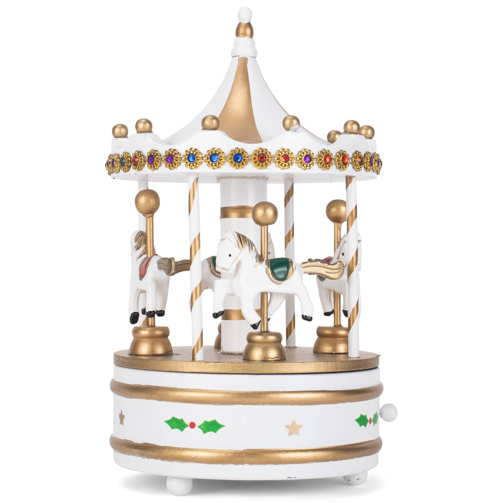 EAST AVENUE - Wholesale Decorative Tabletop Object - Rotating Carousel White 9-in Wood Musical Christmas Figurine2