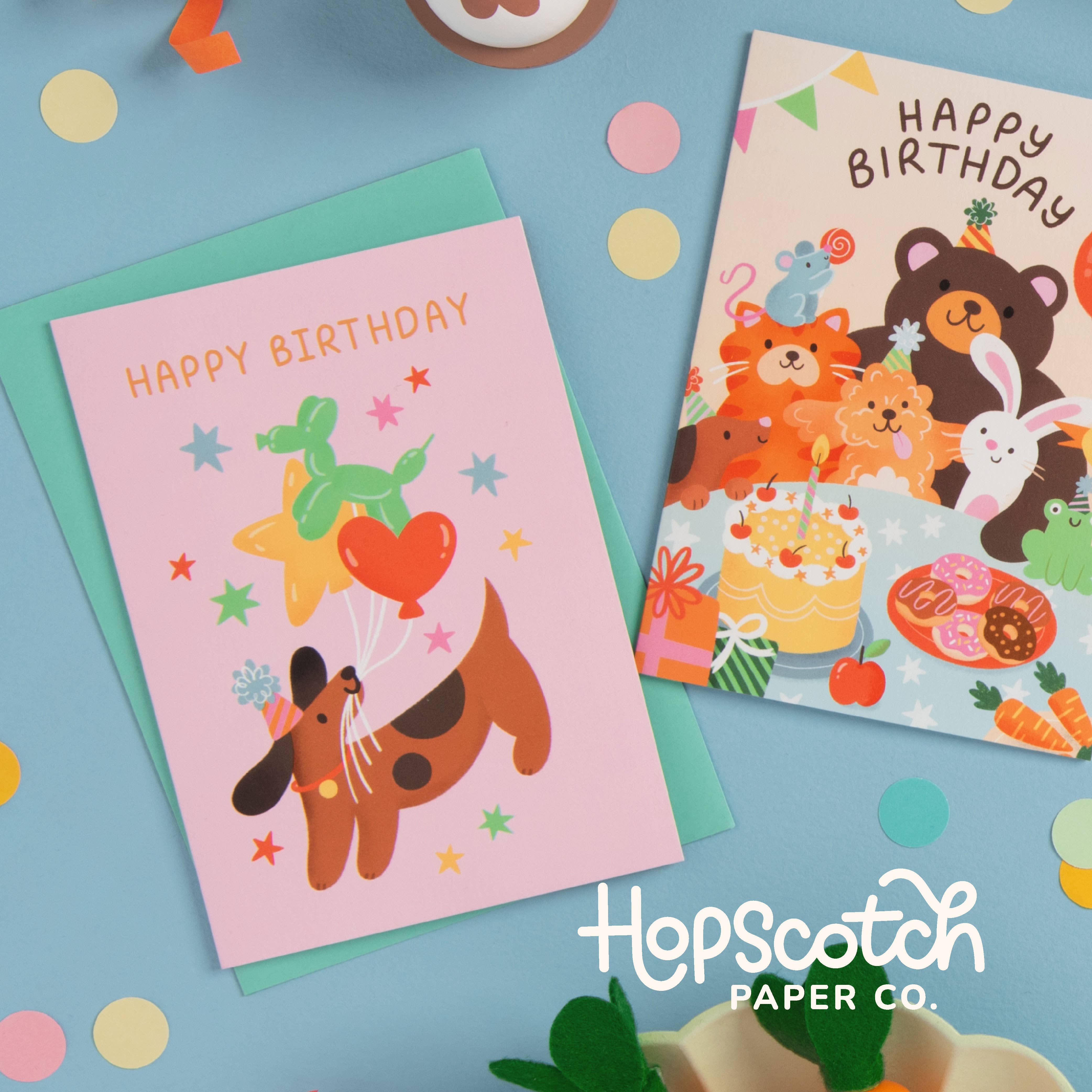 Hopscotch Paper Co. - Wholesale Birthday Card - Sausage Dog & Balloons! Dachshund Birthday Card1