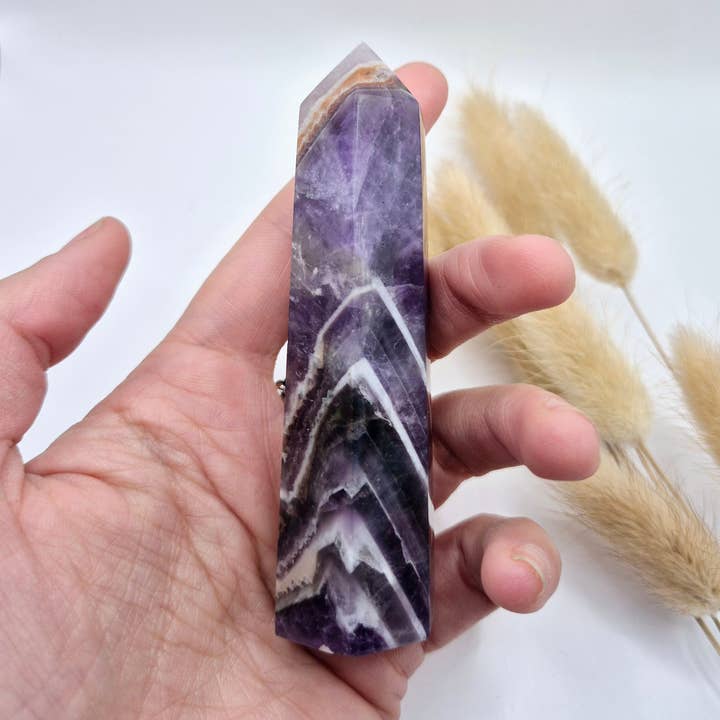Moonlight Gemstones - Wholesale Spiritual Stone/Crystal - Gemstone Dream Chevron Amethyst Obelisk Tower - 10cm2