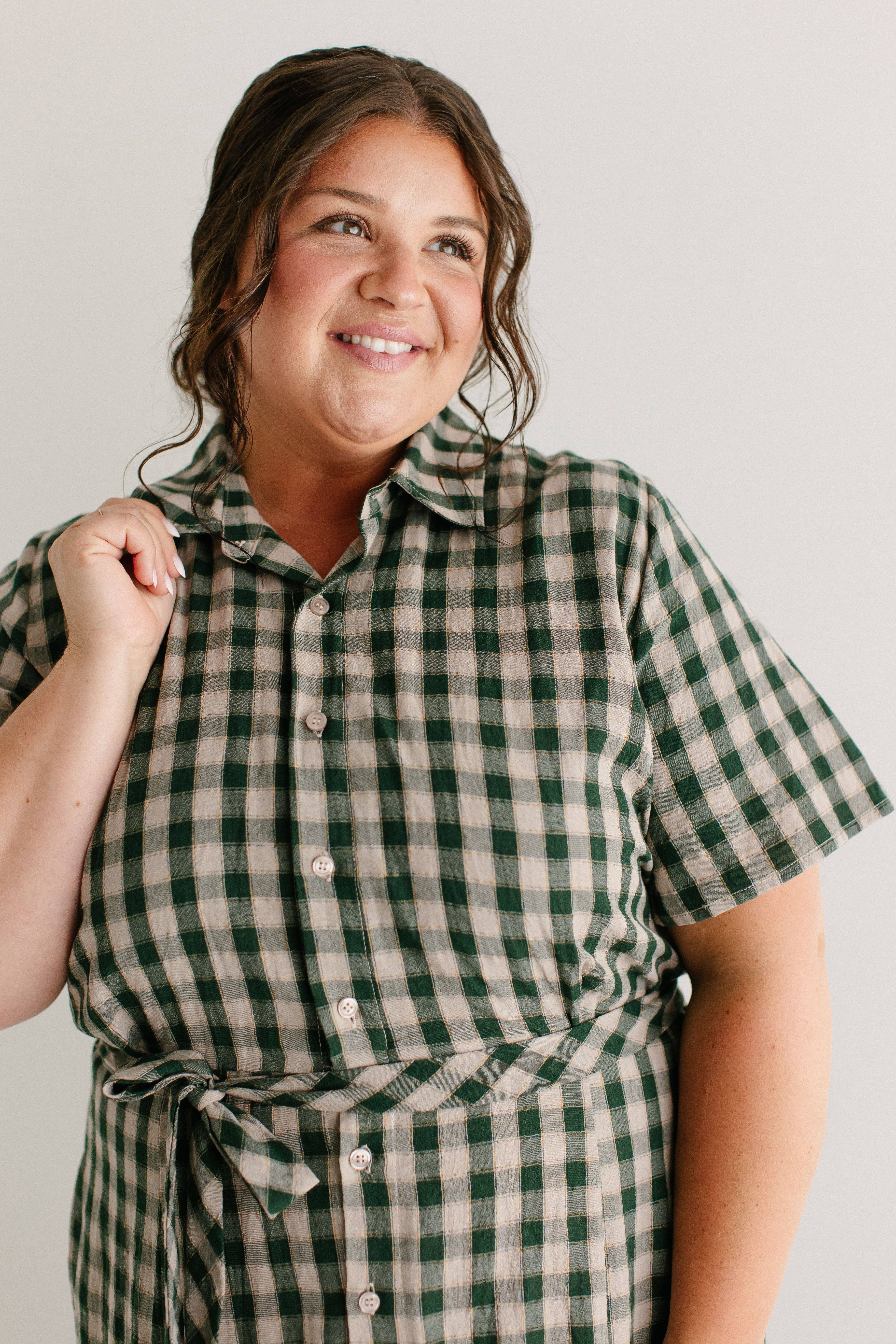 Light Tan 'Mae' Green Gingham A-Line Cotton Shirtdress FINAL SALE for wholesale on Faire12