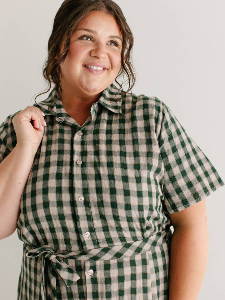 Light Tan 'Mae' Green Gingham A-Line Cotton Shirtdress FINAL SALE for wholesale on Faire12