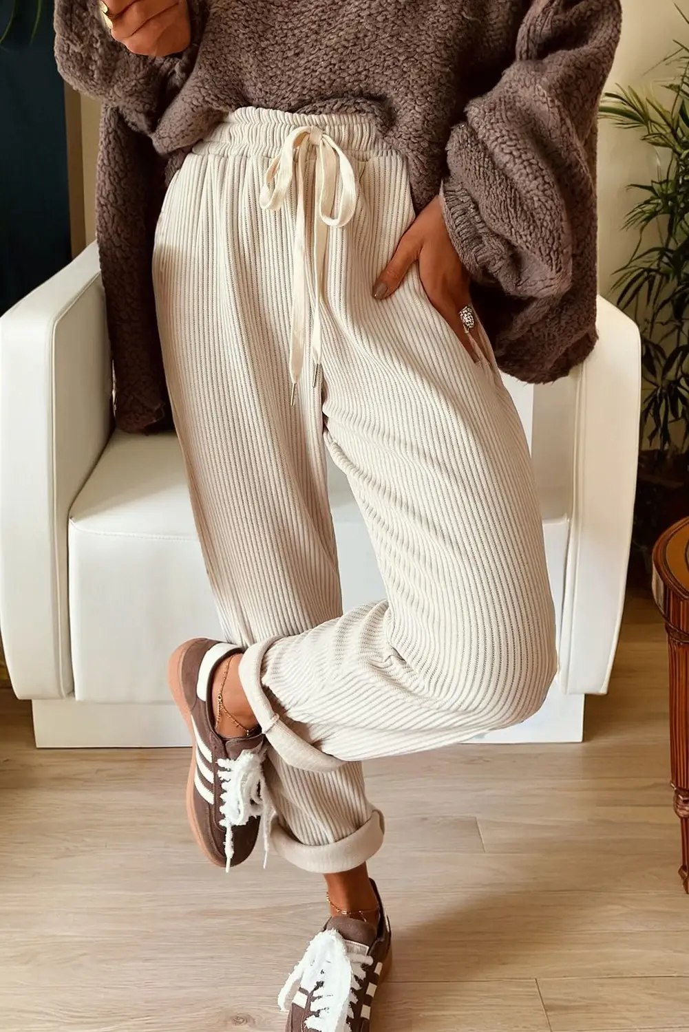 Lovesoft - Wholesale Pants - Women's - Chestnut Drawstring Elastic Waist Casual Corduroy Pants3