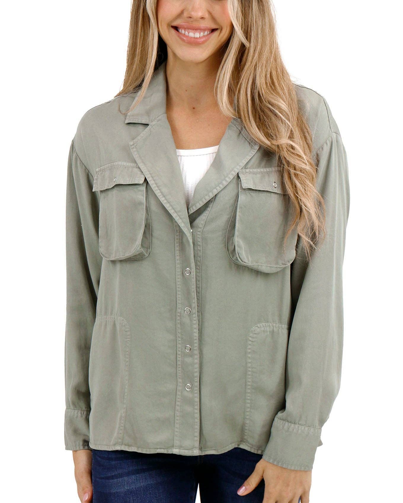 Tencel™ Lyocell Utility Shirt Jacket in Sage for wholesale on Faire7