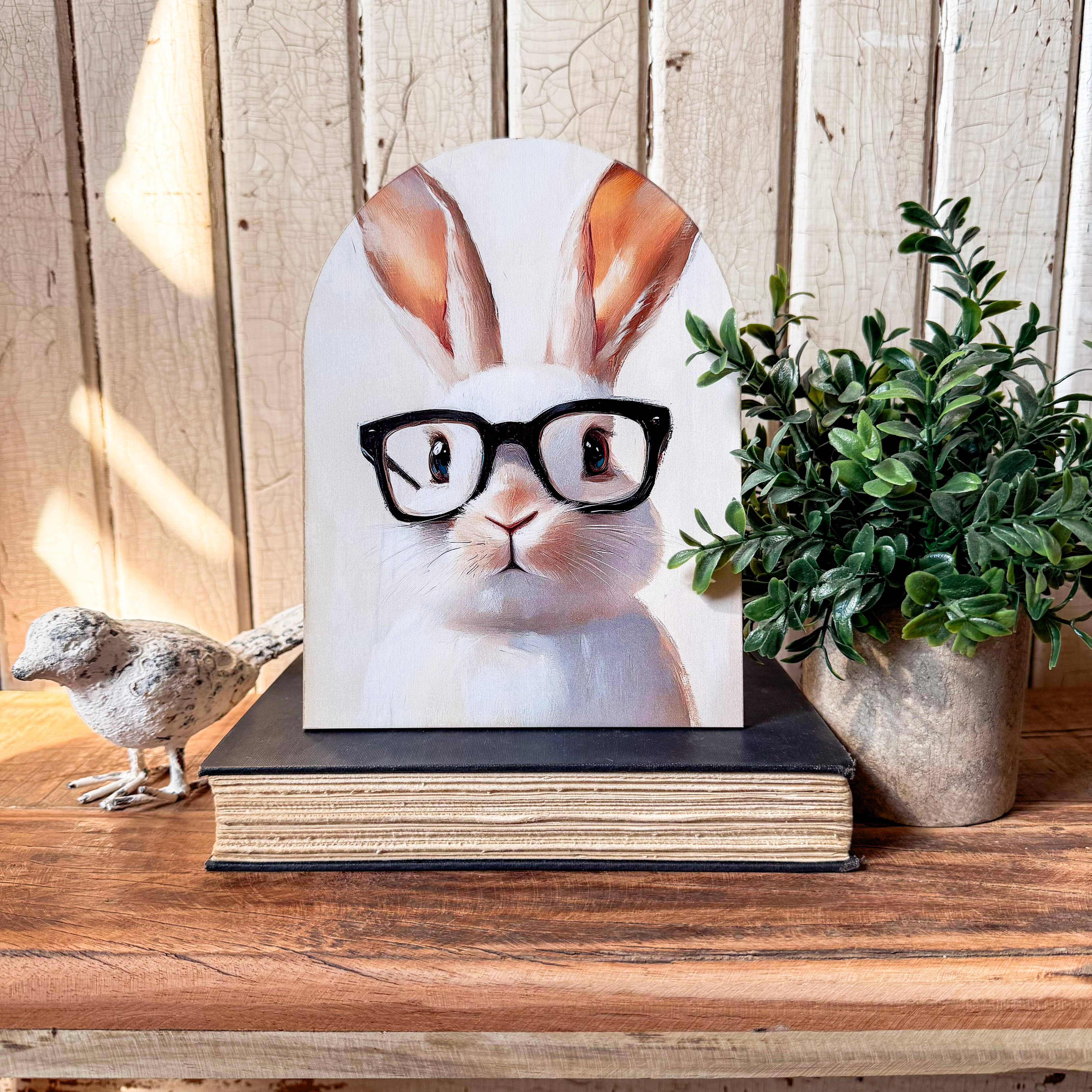 WillowBee Signs & Designs - Wholesale Sign - Bunny with Glasses Arched Wood Sign Shelf Sitter