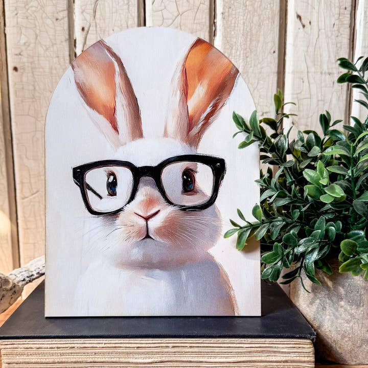 WillowBee Signs & Designs - Wholesale Sign - Bunny with Glasses Arched Wood Sign Shelf Sitter0
