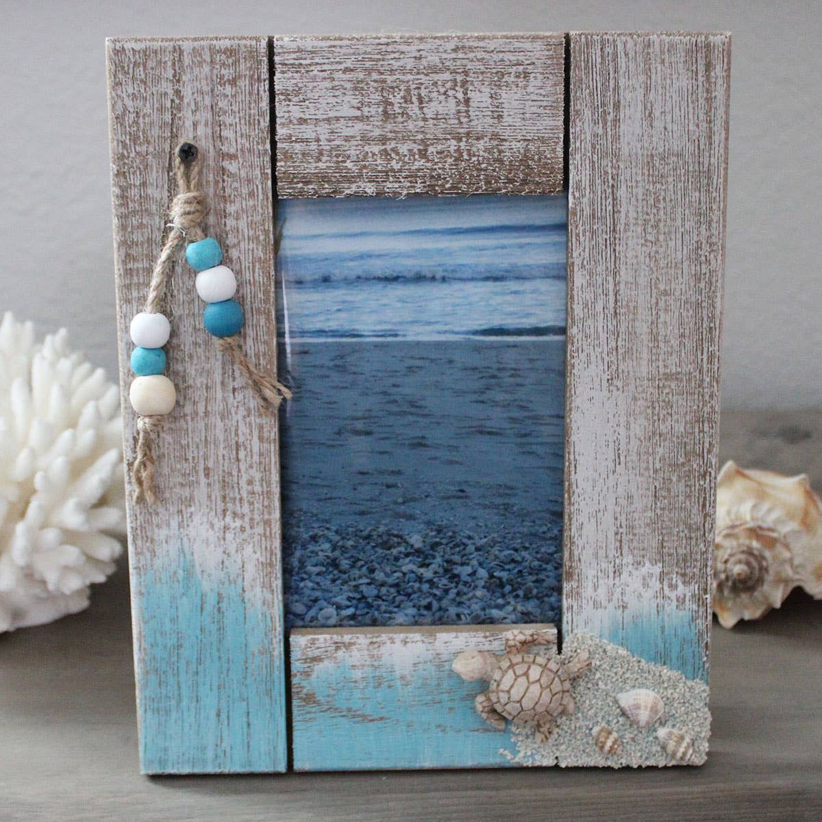 Vertical 4x6 Picture Frame with Sea Turtle & Beads for wholesale by CB Home Collection