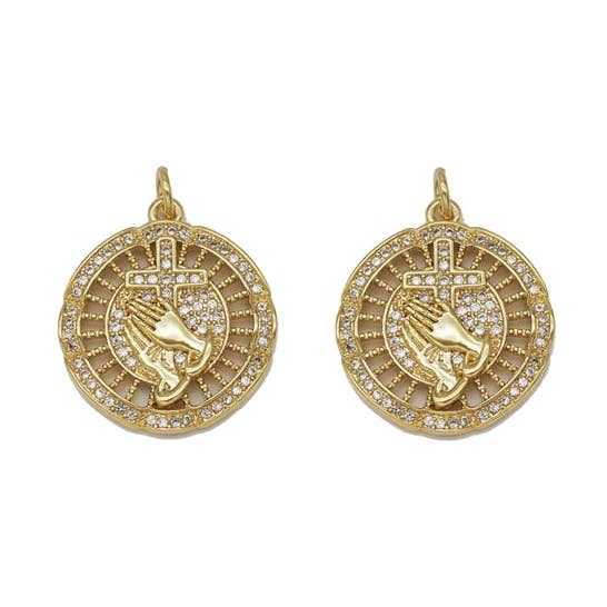 BestBeads&Beyond – Engroshandel Vedhæng/charm – Guld CZ Bøn Hænder Cross Coin Charme, Sku #LX960