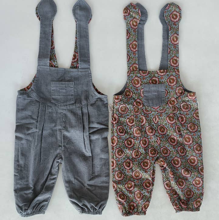 Reversible Solid Grey Corduroy & Grey Floral Printed Jumpsuit for wholesale by Yo Baby