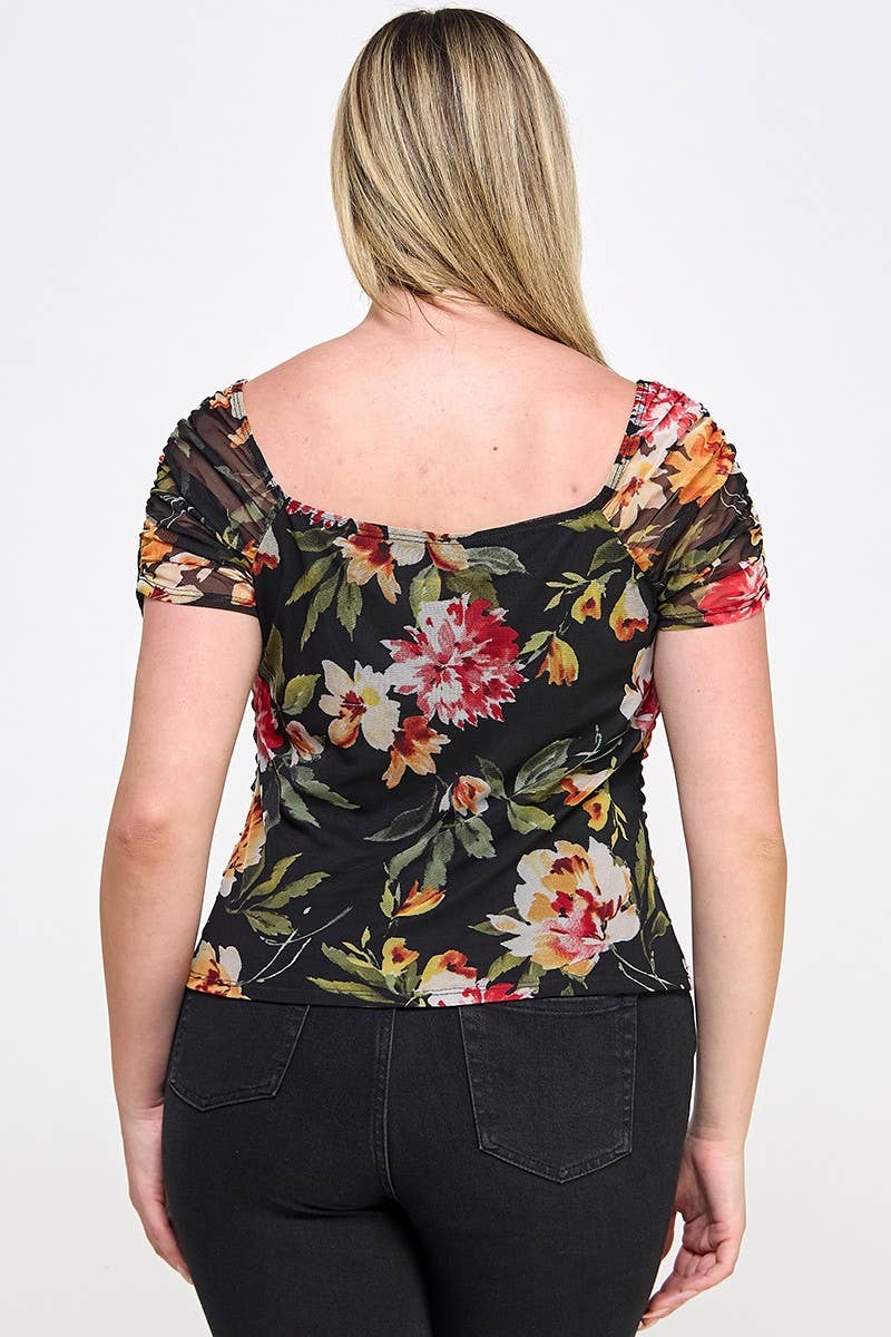Haute Fox Plus Size & Contemporary - Wholesale Blouse - Women's - Plus Size Mesh Floral Print Ruched Top - WG18420-T4