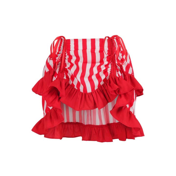 Rot/Weiß Gestreifter Rüschen-Bustle-Rock für den Großhandel von Daisy Corsets