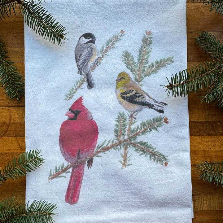 Christmas Songbirds Flour Sack Tea Towel (Two Sizes) for wholesale by Jack Hobe Nature Art