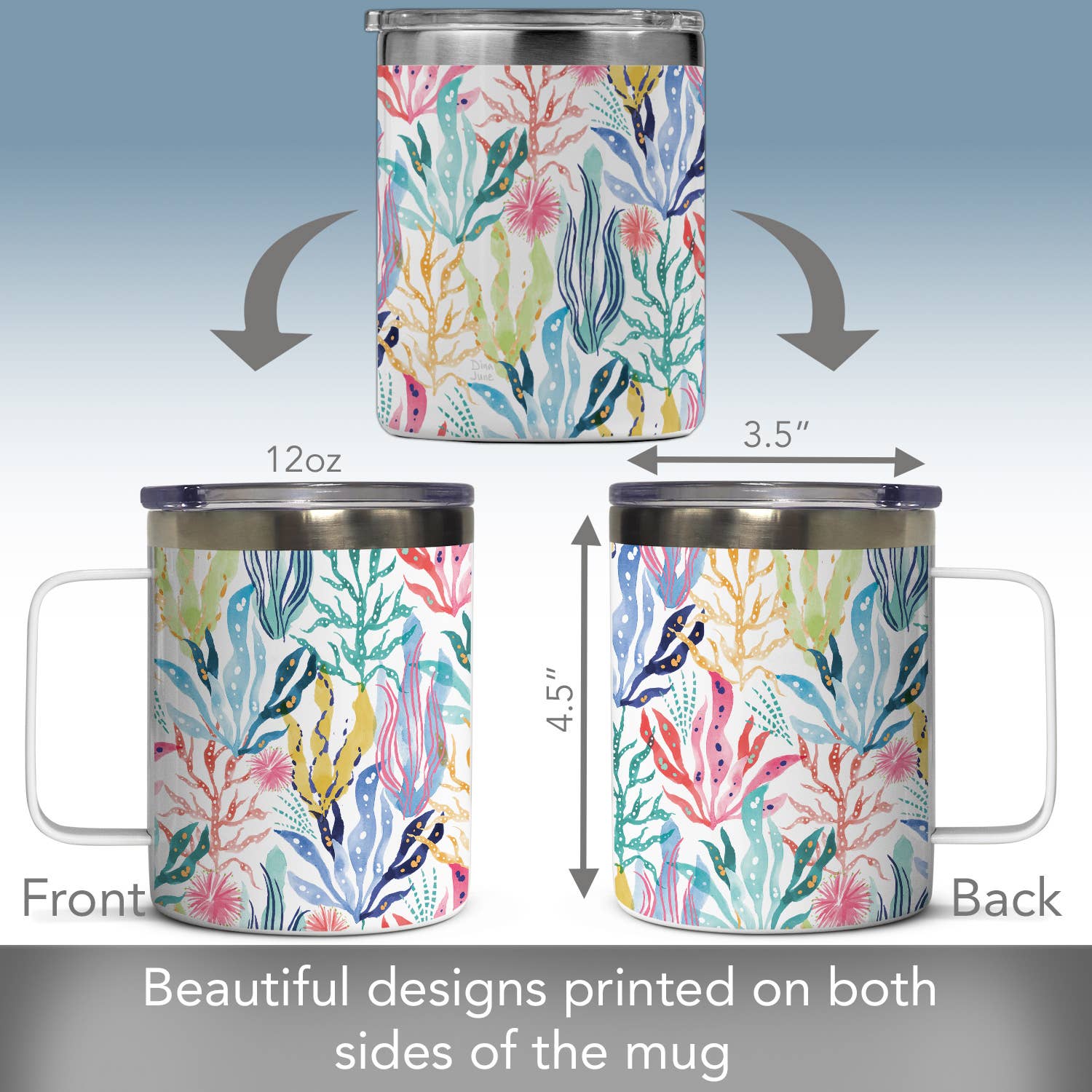 CounterArt/Highland Home/Thirstystone – wholesale Kaffe-/Tékopp – "Coastal Coral" Rostfritt Stålmugg med Lock 12 oz.4