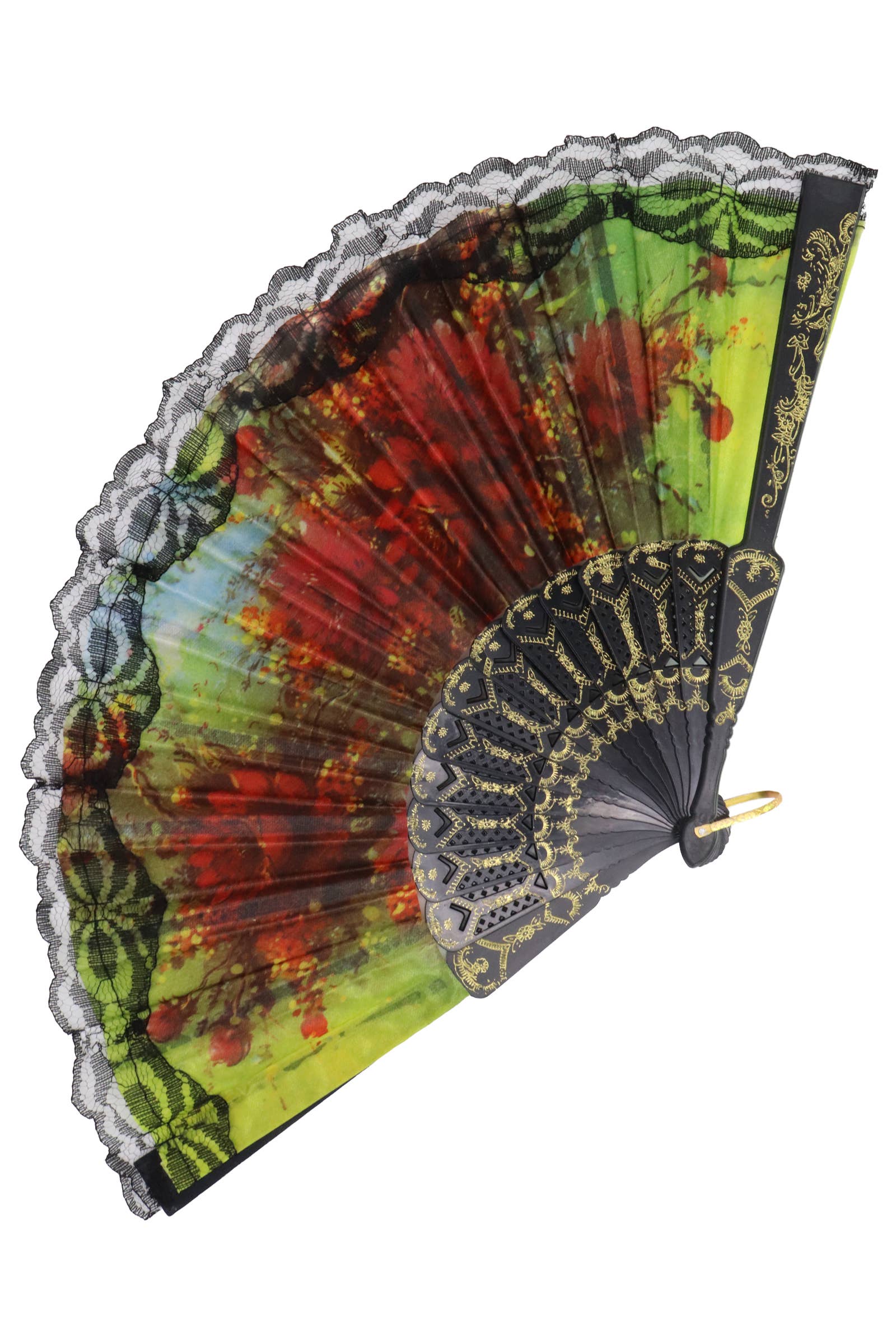 Cap Zone - Wholesale Handheld Folding Fan - Sheer Floral Black Lace Trim Hand-Held Folding Fan3