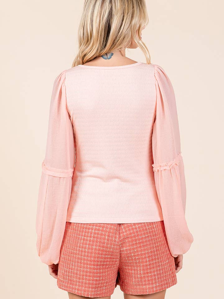 mittoshop - Wholesale Knit Top - Women's - MIXED MEDIA TEXTURED KNIT CHIFFON LONG SLEEVE TOP22