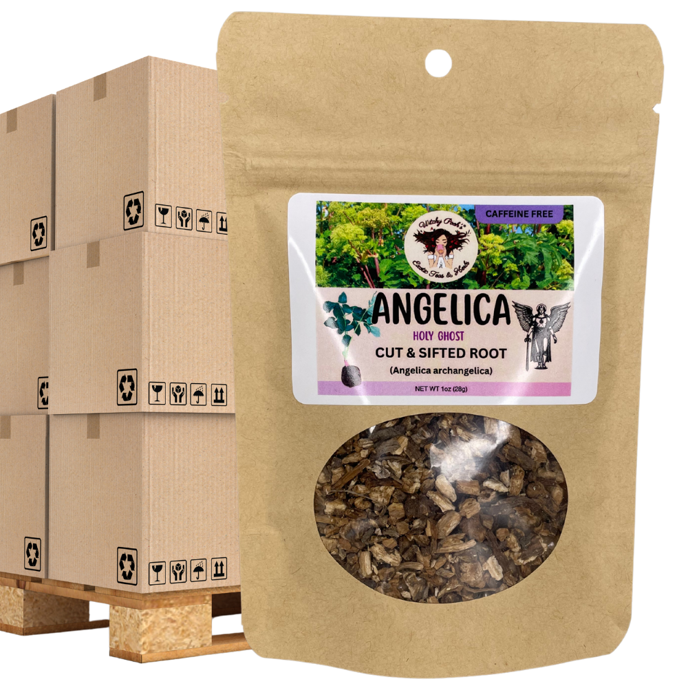 Witchy Pooh's Exotic Teas & Herbs – Chá solto por atacado – Chá de Angélica da Bruxa Pooh - Raiz Cortada e Peneirada, Espírito Santo16