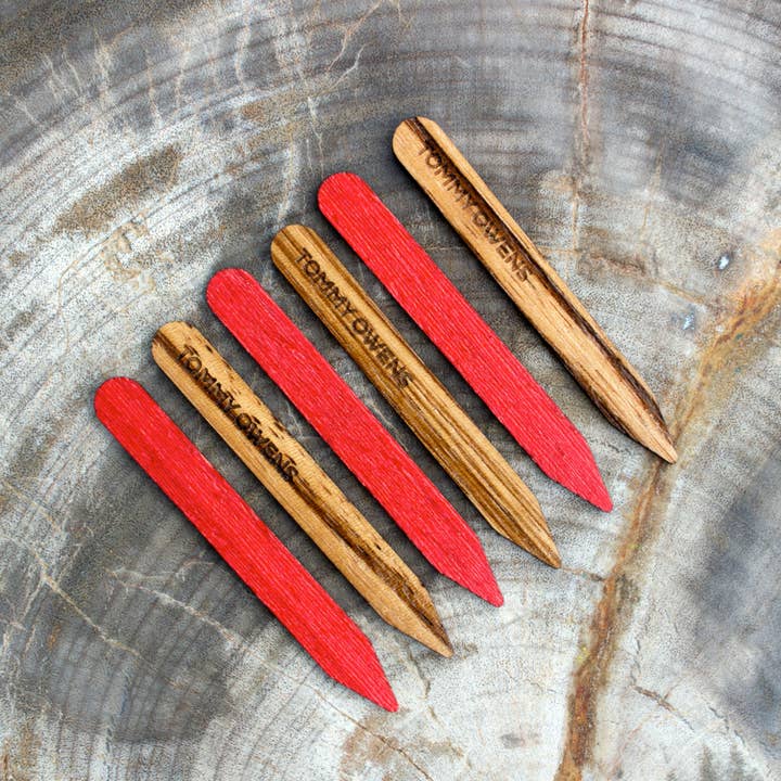 Zebrawood & Red Koto Collar Stays: Exotic Woods, Sustainable Style for wholesale by Tommy Owens