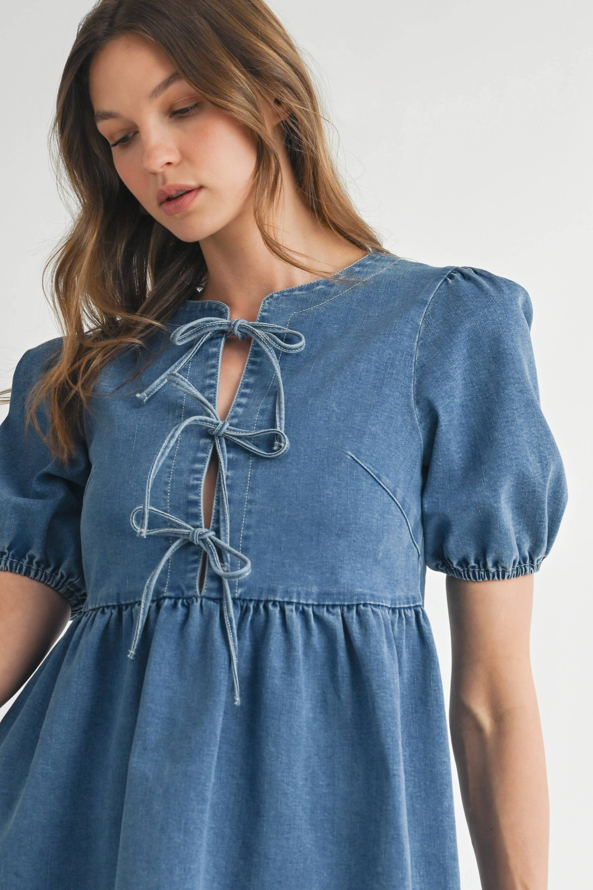 STONE WASH BLUE AD1727 Bow Detail Denim Mini Dress for wholesale on Faire4