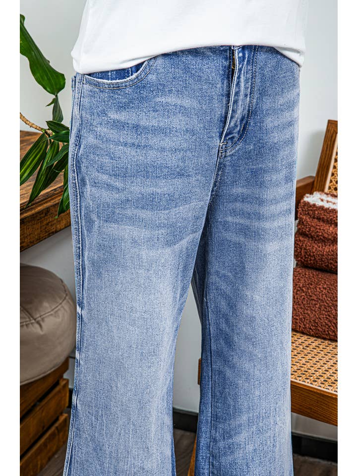 AS SHOWN Fashion-W Acid Wash Raw Hem High Waist Flared Jeans*6-16 for wholesale on Faire