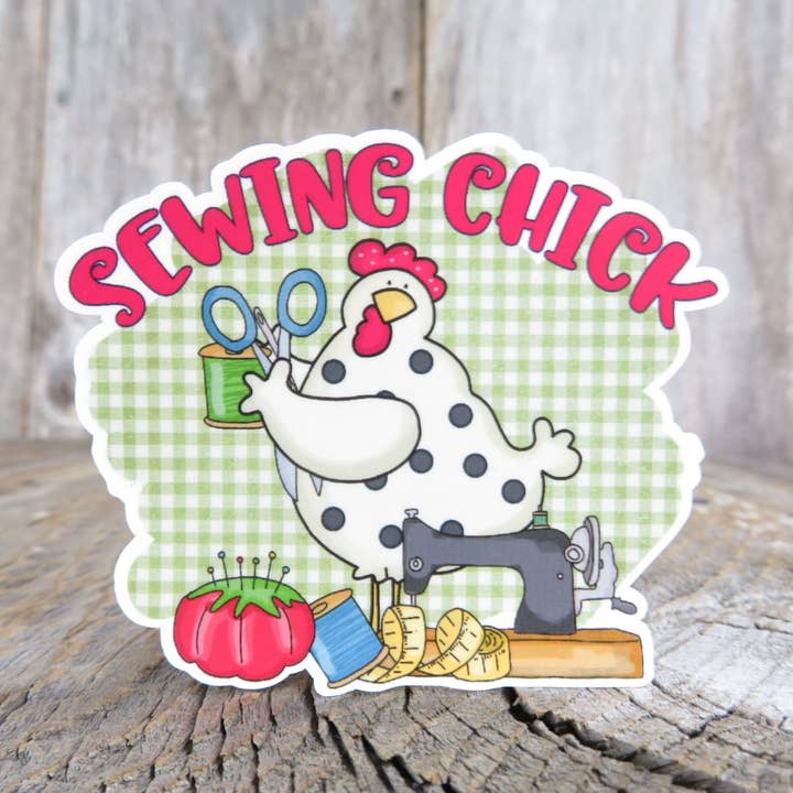 Kirk's Krafts - Wholesale Sticker - Sewing Chick Sticker Waterproof Chicken Lover Country Style Gingham Full Color Waterproof Quilt Lady Crafty