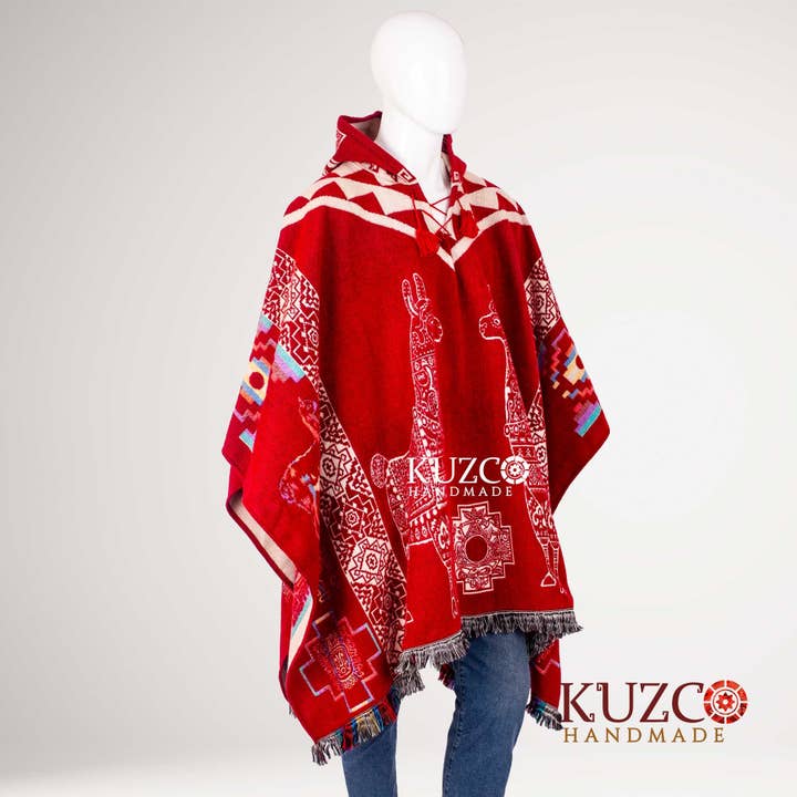 KuzcoHandmade - Wholesale Poncho - Unisex - Unisex Tribal Wool Alpaca Poncho with Geometric Hood1
