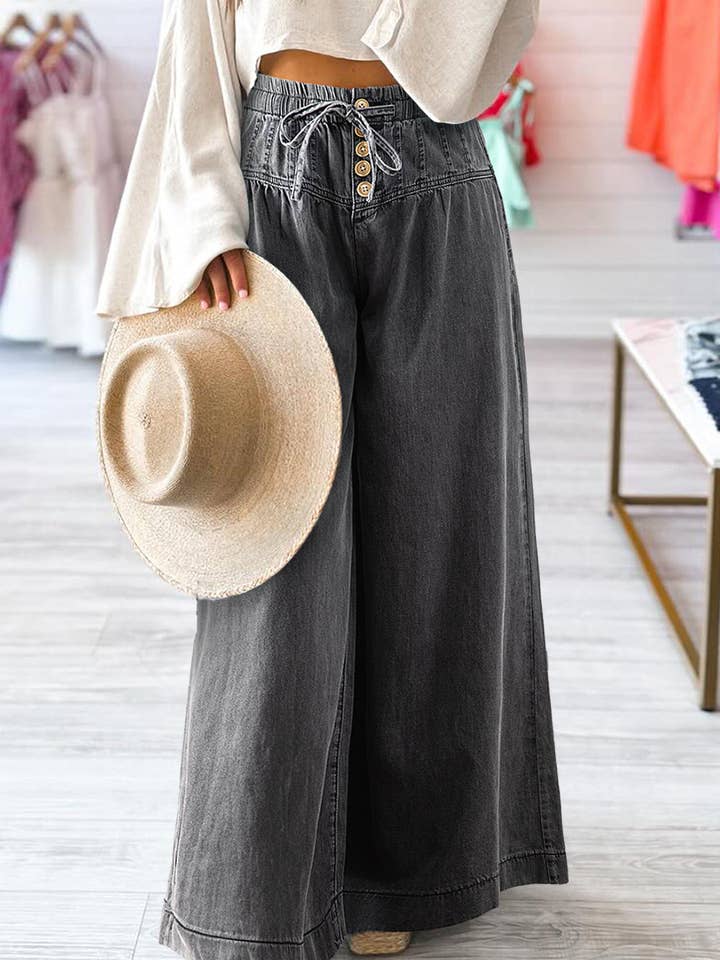 Jeans a gamba larga in vita con bottoni e lavaggio minerale grigio carbonio per la vendita all'ingrosso da parte di Lovesoft