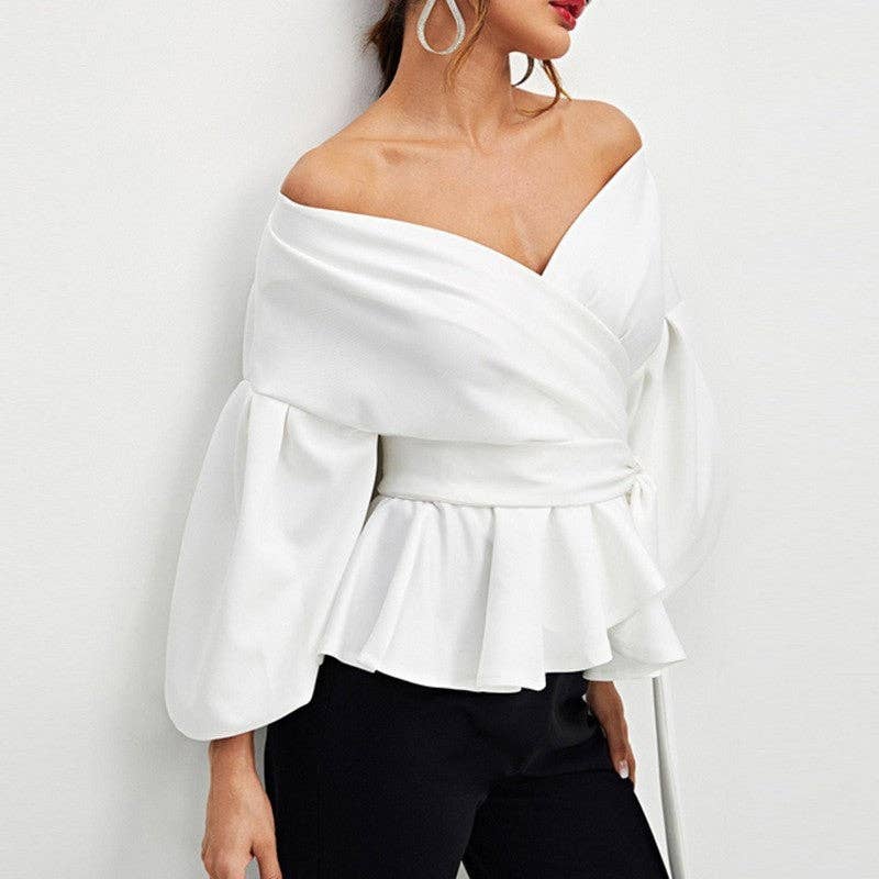 FurDecoration - Wholesale Blouse - Women's - Solid Color Off-Shoulder Lantern Sleeve Bow-Tie Waist Shirt1