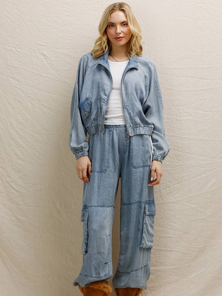 Light Denim Cropped Elastic Waistband Tencel Bomber Jacket for wholesale on Faire6