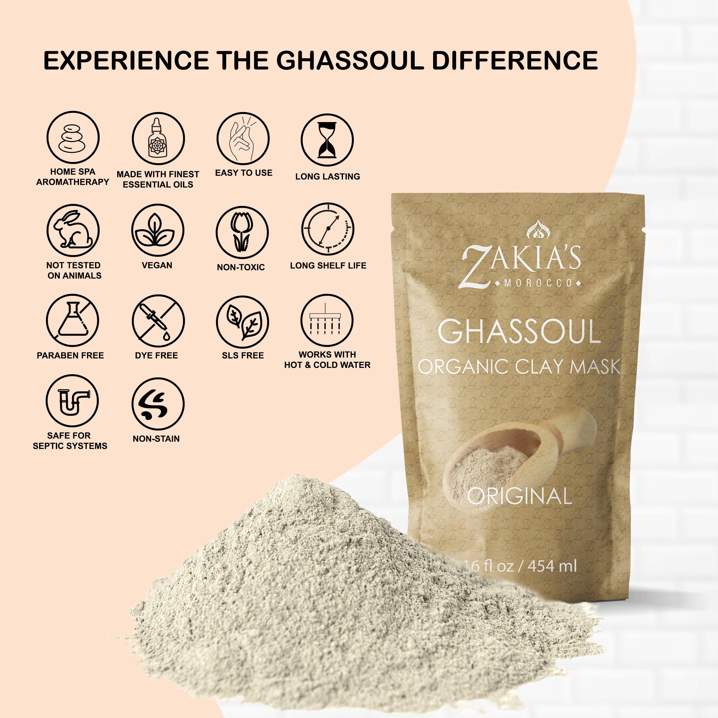 Zakia's Morocco - Vente Masque pour le visage - Masque à l'argile Rhassoul du Maroc - Masque facial naturel et biologique et traitement de soin de la peau - Masque de boue anti-âge pour peau sèche et grasse, acné, eczéma et psoriasis - 8 oz8