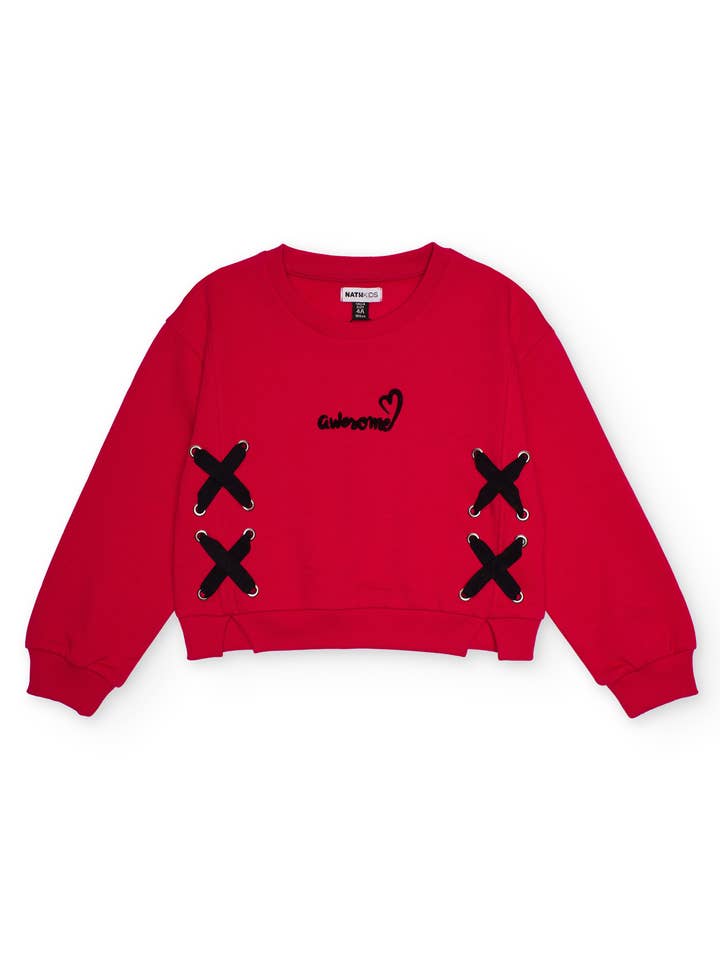 Sudadera para niña en rojo con detalle de lazos cruzados para venta al por mayor de tuc tuc