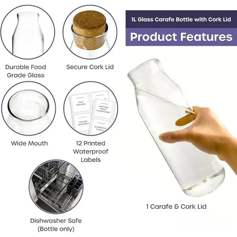 Jara Trading – wholesale Carafe – Glass Carafe - 1L Water Carafe with Lid - Versatile Clear Glass Bottle with Cork Lid, Used as a Bedside Water Carafe, Beverages or Non-Food Items Like Laundry Detergent Storage6