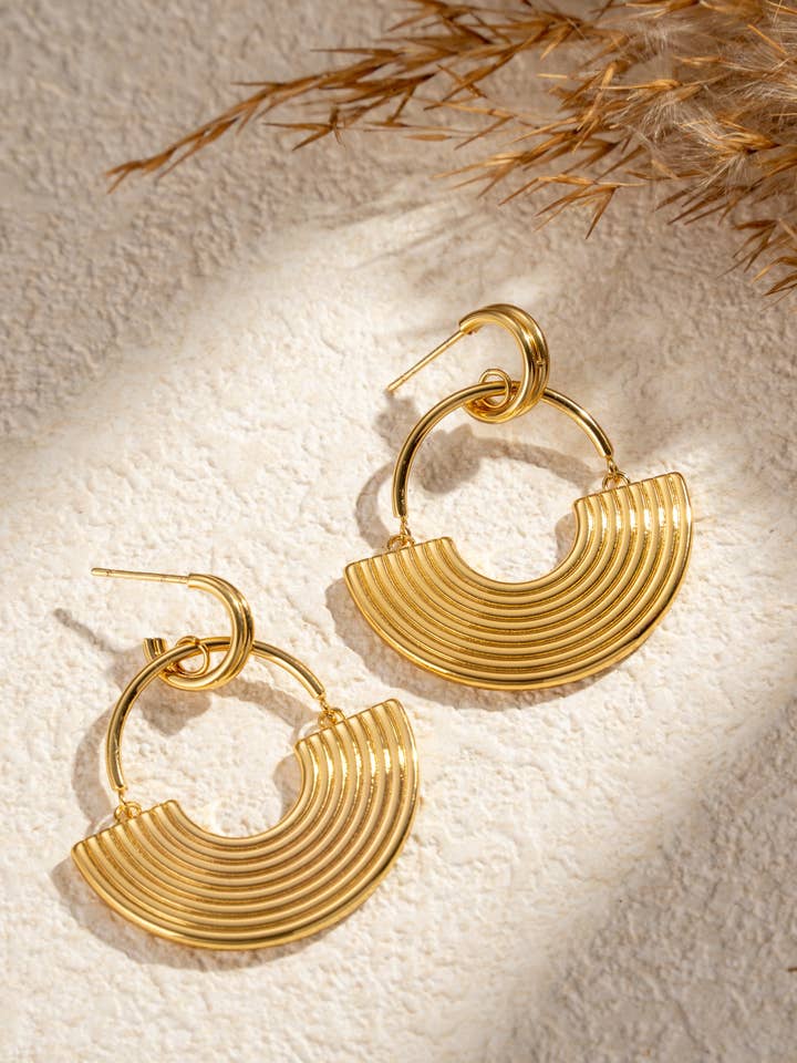 Chic gold fan earrings in stainless steel for wholesale by COSMOS