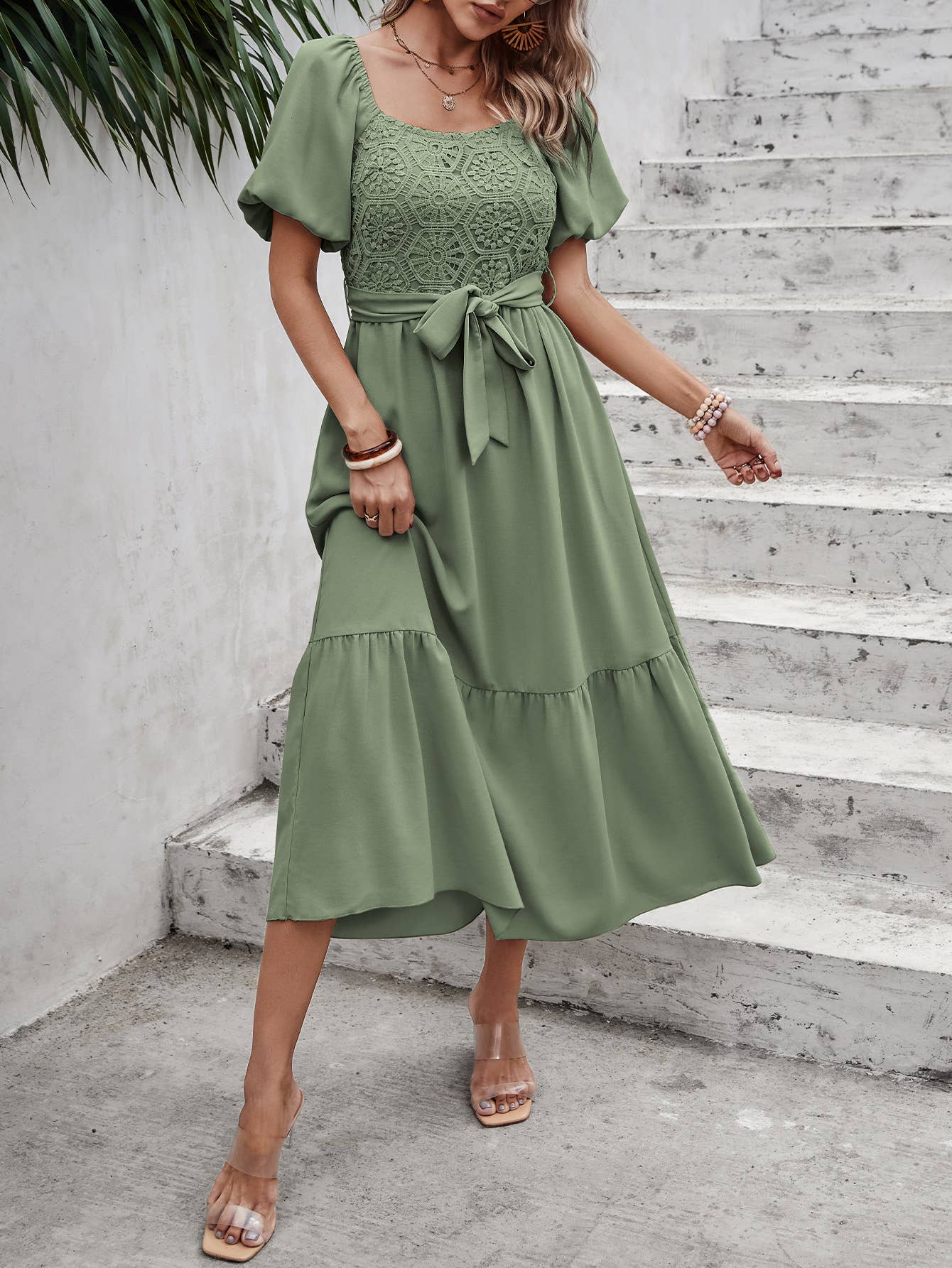 eLook - Wholesale Jurk - Dames - SZ1-DR1008 Midi-jurk met haakdetails en pofmouwen en riem27