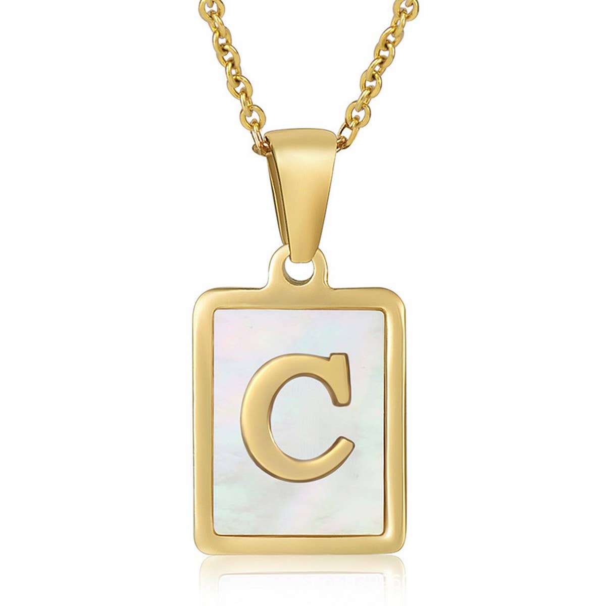 NINEXIS - Wholesale Pendant/Charm Necklace - CWAJE1917_Square Stainless Steel White Shell Letter Necklace3