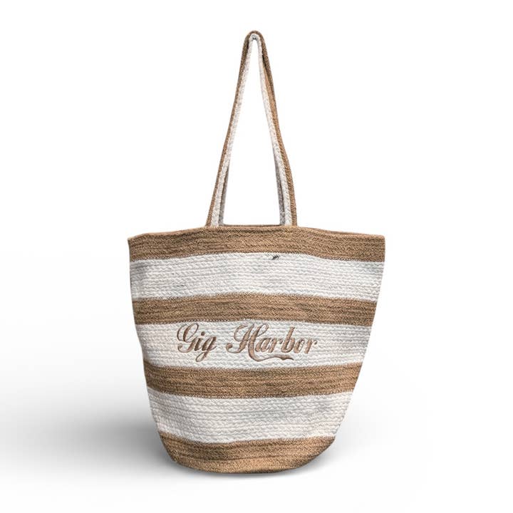 Sac seau en coton et jute à rayures blanches pour femme pour la vente par Chloe & Lex