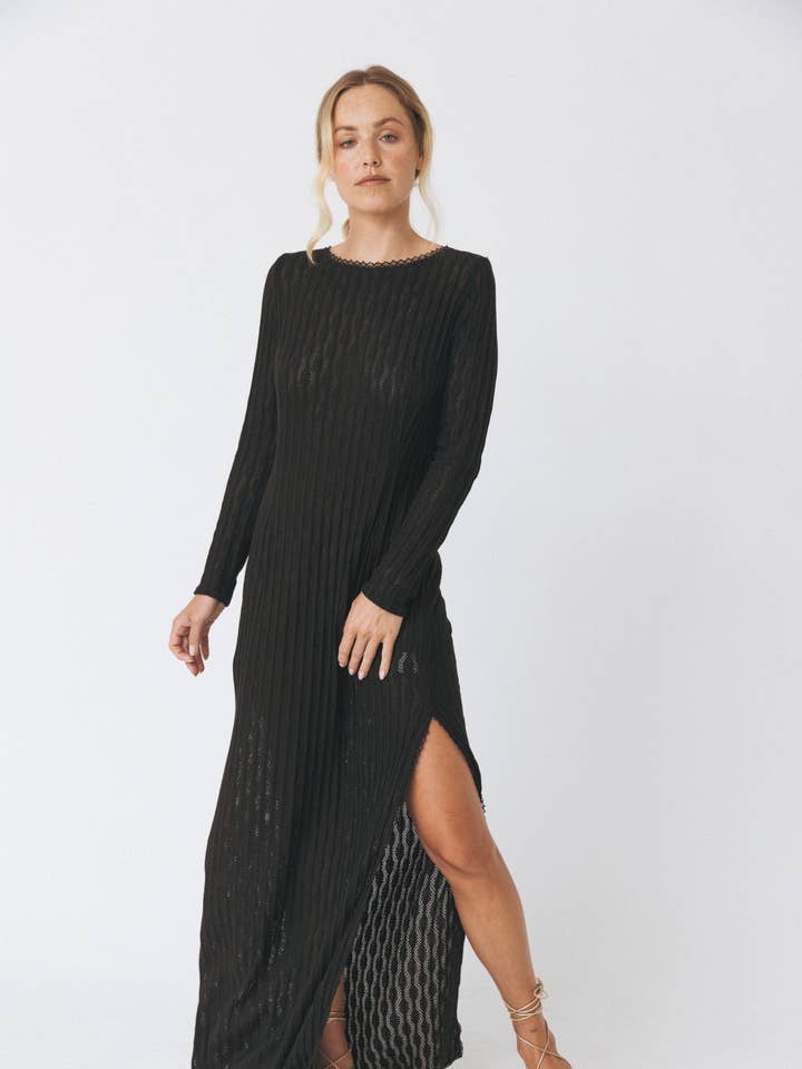 Vestido de punto negro con espalda abierta para venta al por mayor de ANT WOMAN COLLECTION