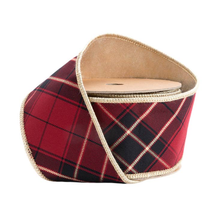 Wired Bias-Plaid Ribbon with Gold Dupioni Backing 10yd for wholesale by LA Ribbons Wholesale