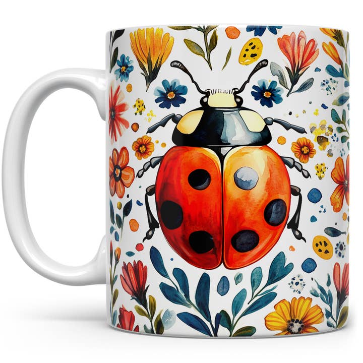 Floral Ladybug Ceramic Mug, Cute Insect Cup, Nature Gifts for wholesale by Loftipop