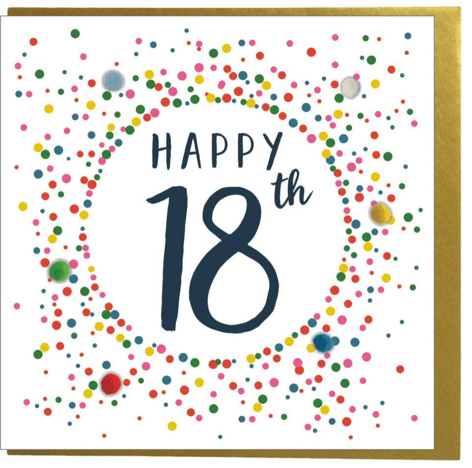 Claire Giles Ltd - Wholesale Birthday Card - Birthday Card, Dotty 18, 18th, Embellished with colourful pompoms2