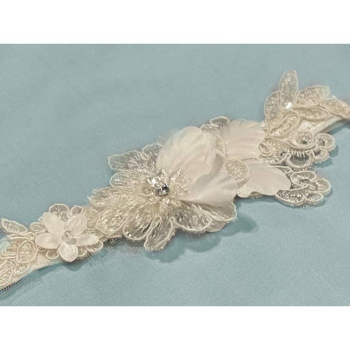 Pretty Embroidered Lace Garter W/Flowers & Beadingg for wholesale by Simply Charming