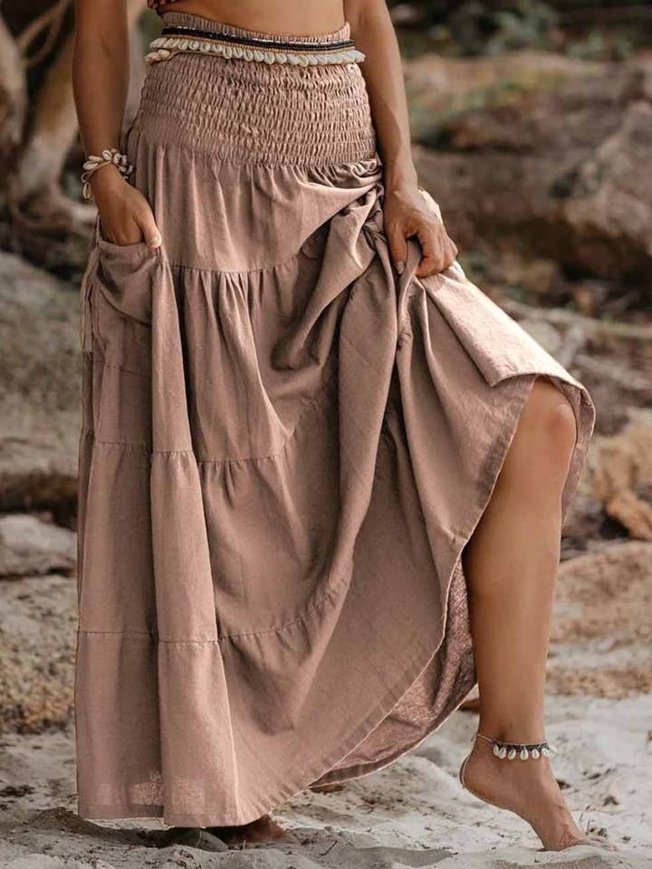 Ladies Boho Elastic Waist Smocking Pocket Ruched Maxi Skirt for wholesale by Sweetkama