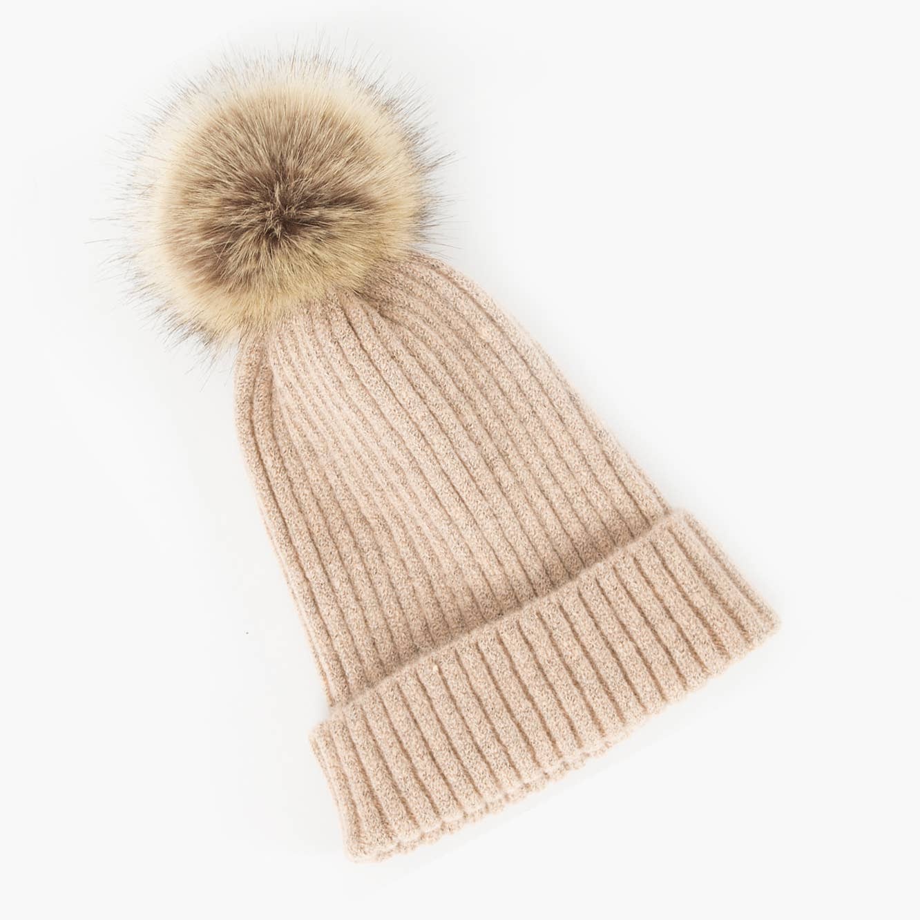 Last True Angel – wholesale Mössa - Dam – Cashmereblandning Fuskpäls Pom-Pom Mössa i Nude Pink1