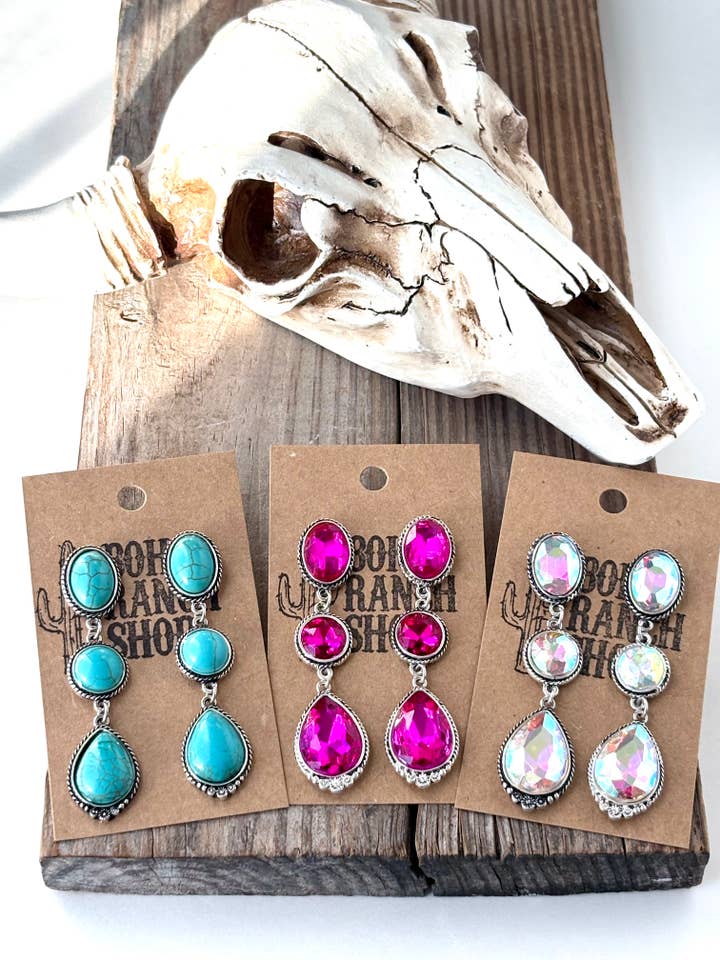 3 Tier Western Style Turquoise Stone Post Drop Earrings for wholesale by Boho Ranch Shop