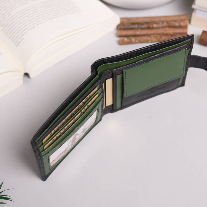 Redbrick - Wholesale Wallet - Men's - Biggs & Bane Men's Bifold Black & Green Leather Wallet With Tab Coin Pocket4