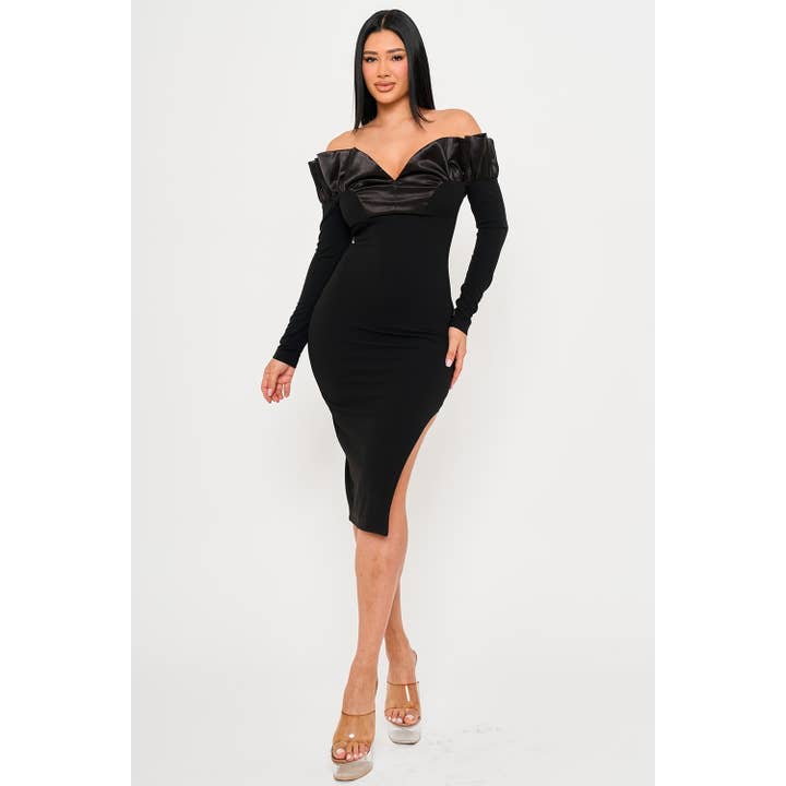 Off The Shoulder Satin Ruffle Top Midi Dress for wholesale by omgstyles