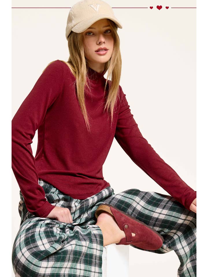 La Miel - Wholesale Knit Top - Women's - MCT7699-Stretchy Ribbed Long Sleeve Mock Neck Basic Top2